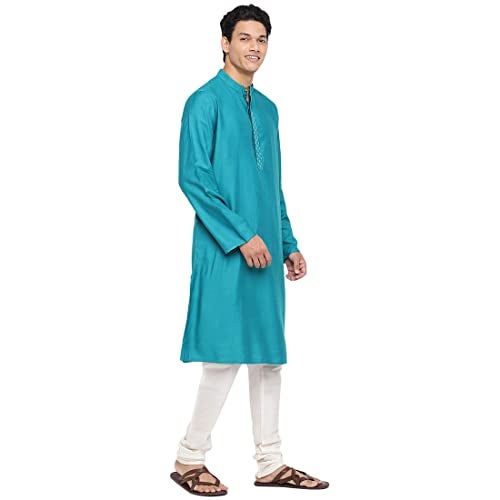 Fabindia Men's Viscose Silk Woven Relaxed Kurta (102593203_Teal - Image 3