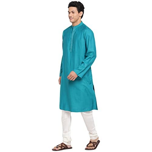 Fabindia Men's Viscose Silk Woven Relaxed Kurta (102593203_Teal - Image 2