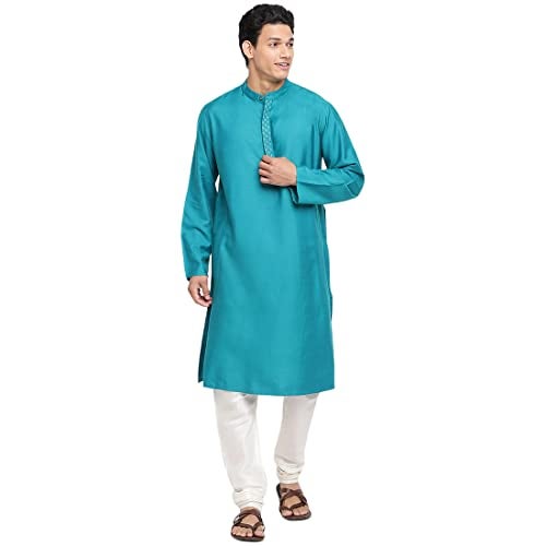 Fabindia Men's Viscose Silk Woven Relaxed Kurta (102593203_Teal - Image 5