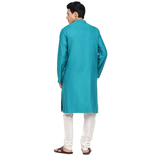 Fabindia Men's Viscose Silk Woven Relaxed Kurta (102593203_Teal - Image 4