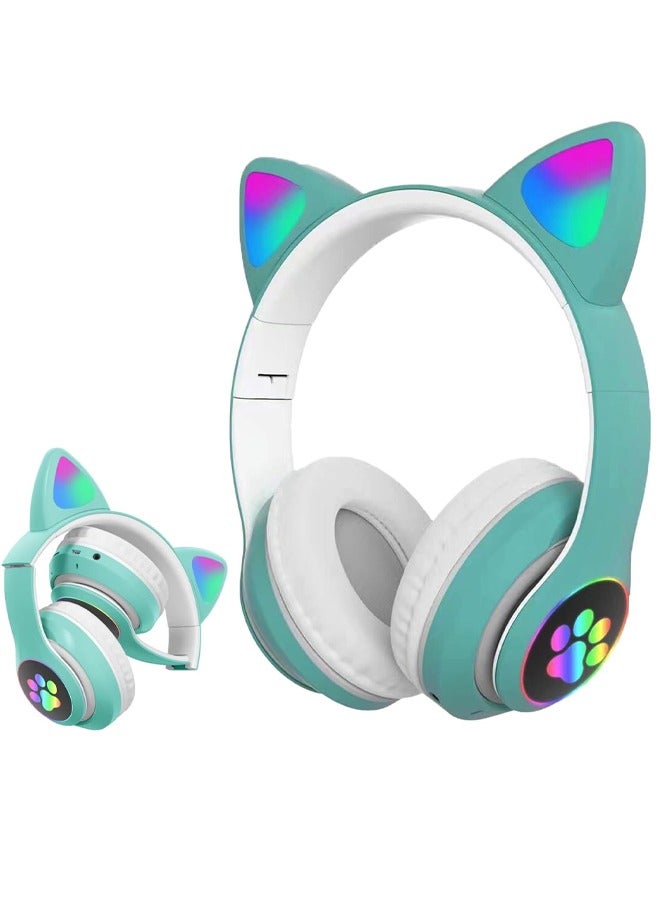 MIQIA Cat Ear Wired/Wireless Bluetooth Headphones with Built-In Microphone for Kids Light Up Bluetooth Foldable Headphones for Fun and Safe Listening Green - Image 1