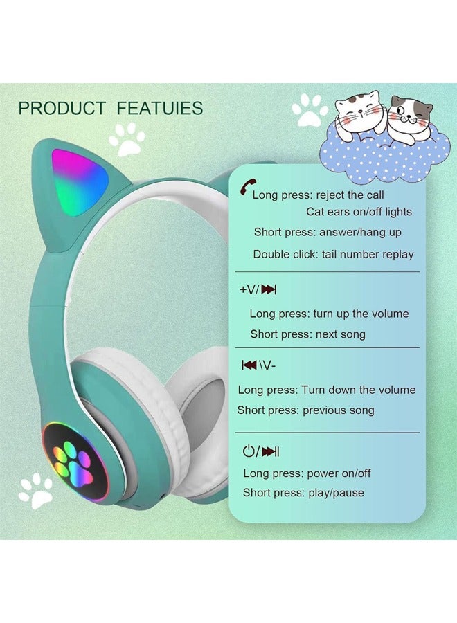 MIQIA Cat Ear Wired/Wireless Bluetooth Headphones with Built-In Microphone for Kids Light Up Bluetooth Foldable Headphones for Fun and Safe Listening Green - Image 4