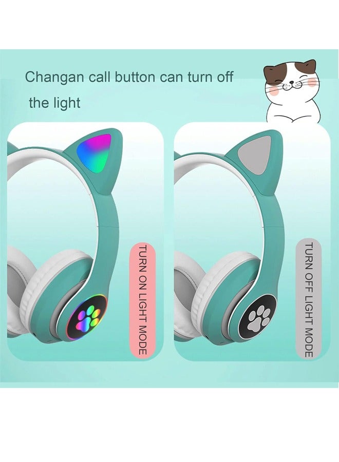 MIQIA Cat Ear Wired/Wireless Bluetooth Headphones with Built-In Microphone for Kids Light Up Bluetooth Foldable Headphones for Fun and Safe Listening Green - Image 2