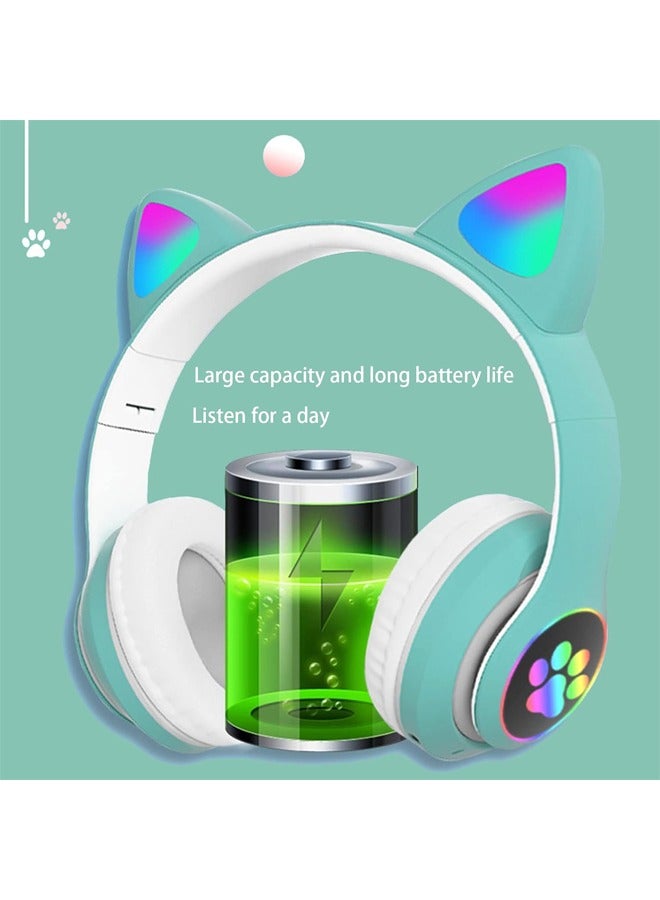 MIQIA Cat Ear Wired/Wireless Bluetooth Headphones with Built-In Microphone for Kids Light Up Bluetooth Foldable Headphones for Fun and Safe Listening Green - Image 3