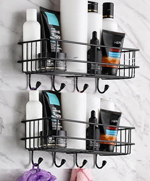 Oslen Pack of 2 SelfAdhesive Multipurpose Bathroom Rack Bathroom Shelf Organizer Wall Mounted ShelfBathroom Accessories Set for HomeBathroom Shelves Black - Image 1