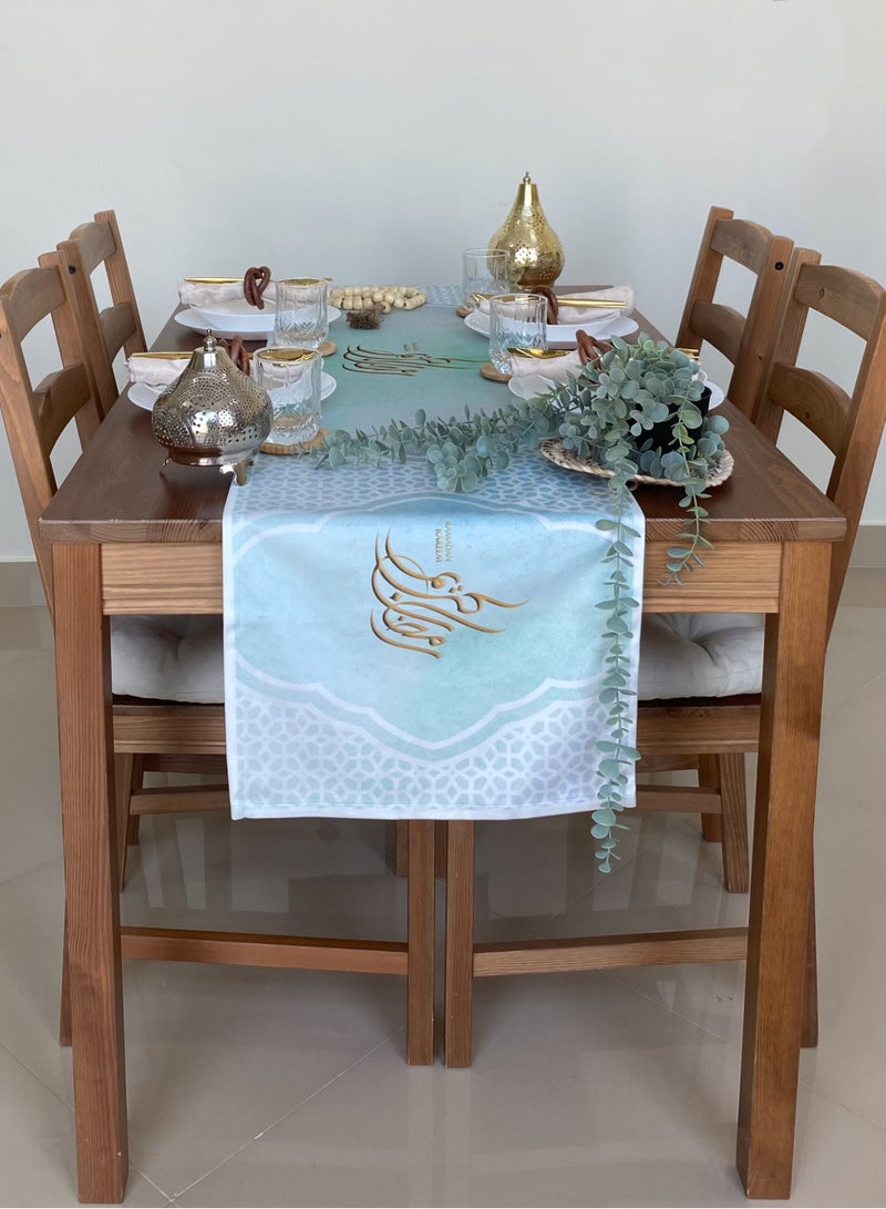 كامكو مفرش طاولة رمضان من كاشكو - 38 × 180 سم مفرش طاولة مخملي أخضر نعناعي لطاولة الطعام ديكورات رمضان للمنزل - غطاء طاولة رمضان فائق النعومة والجميل لتزيين العيد للطاولة - Image 4
