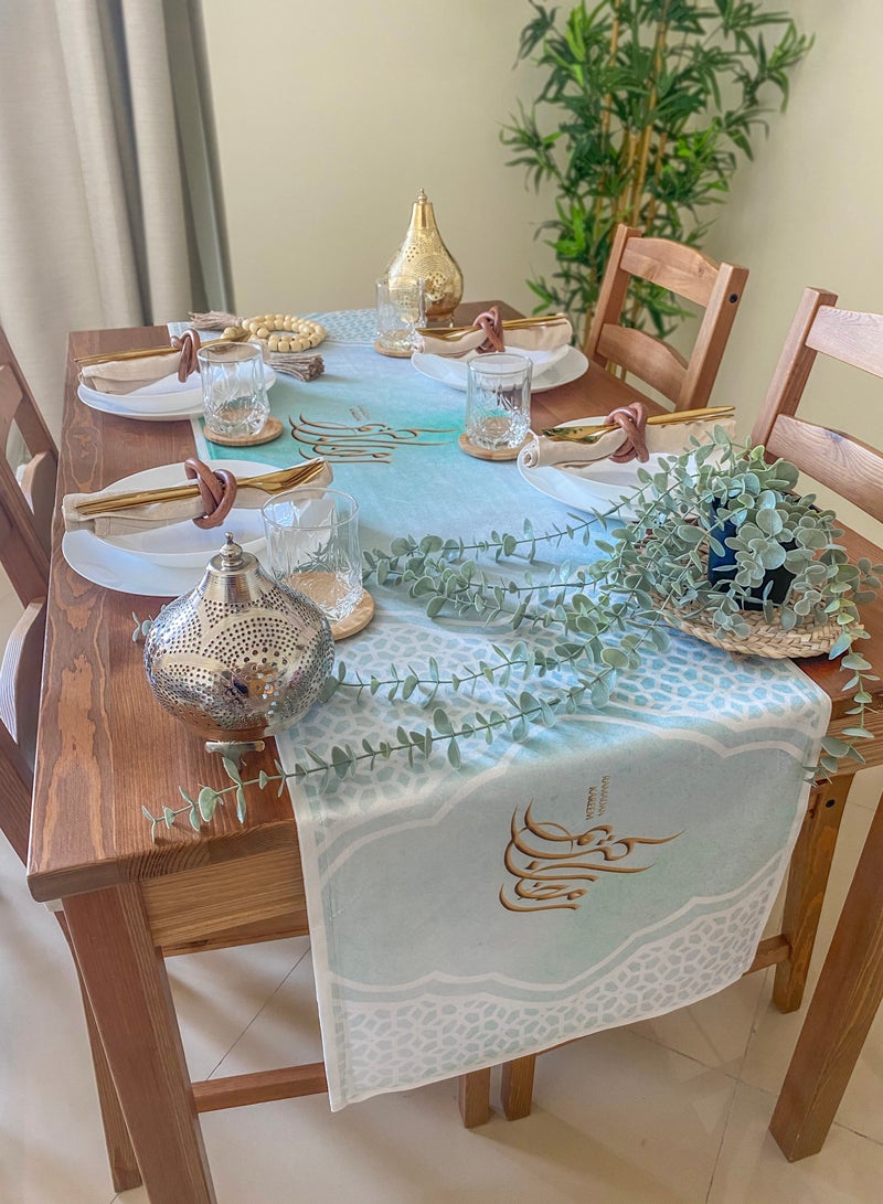 كامكو مفرش طاولة رمضان من كاشكو - 38 × 180 سم مفرش طاولة مخملي أخضر نعناعي لطاولة الطعام ديكورات رمضان للمنزل - غطاء طاولة رمضان فائق النعومة والجميل لتزيين العيد للطاولة - Image 3