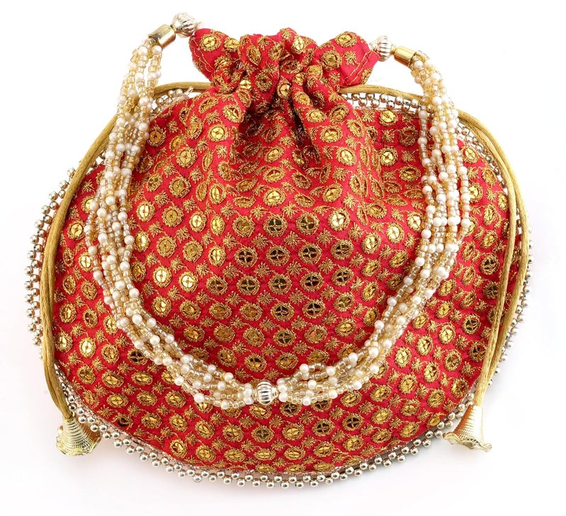 SUMERA WARQ Potli Bag Golden work wedding potli for ladies Gift for women handbags traditional Indian Wristlet with Drawstring Ethnic Embroidery Fashion Potli. - Image 1