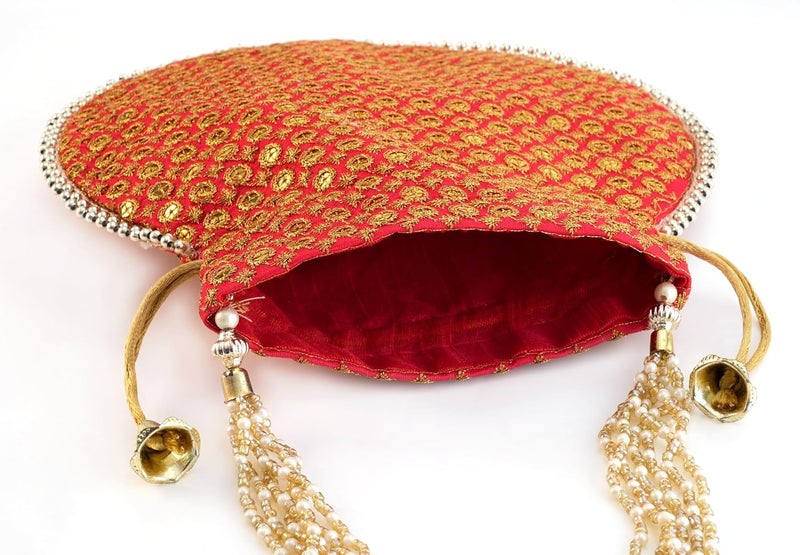 SUMERA WARQ Potli Bag Golden work wedding potli for ladies Gift for women handbags traditional Indian Wristlet with Drawstring Ethnic Embroidery Fashion Potli. - Image 2