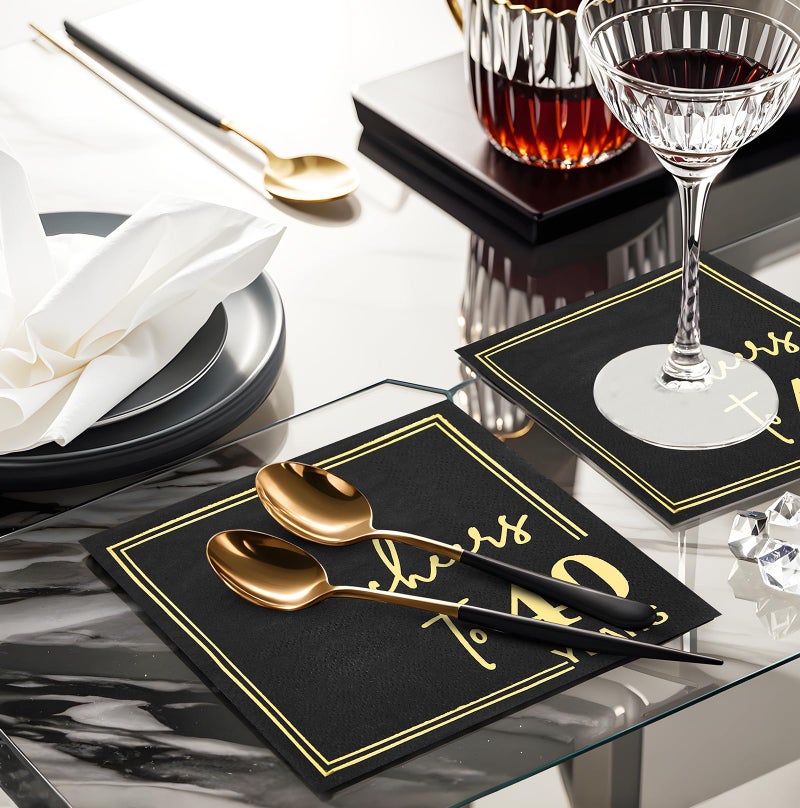 Ottin Black Cheers to 40 Years Cocktail Napkins  5x5 Inches  50 Counts  3-Ply Disposable Party Napkins for 40th Birthdays Decorations  Anniversaries  Weddings  Indoor & Outdoor Celebrations  Gold Foil - Image 4