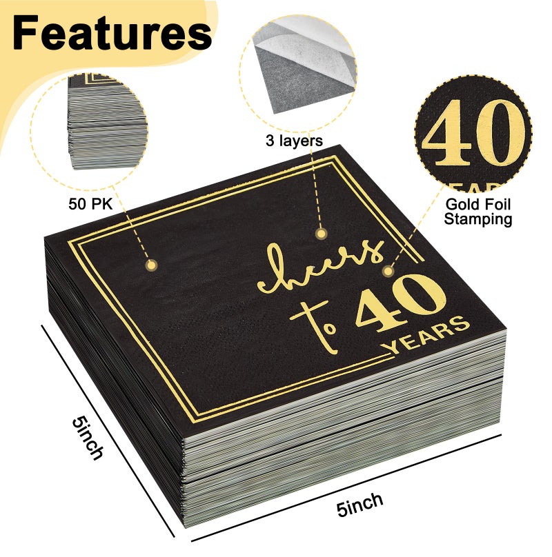 Ottin Black Cheers to 40 Years Cocktail Napkins  5x5 Inches  50 Counts  3-Ply Disposable Party Napkins for 40th Birthdays Decorations  Anniversaries  Weddings  Indoor & Outdoor Celebrations  Gold Foil - Image 2