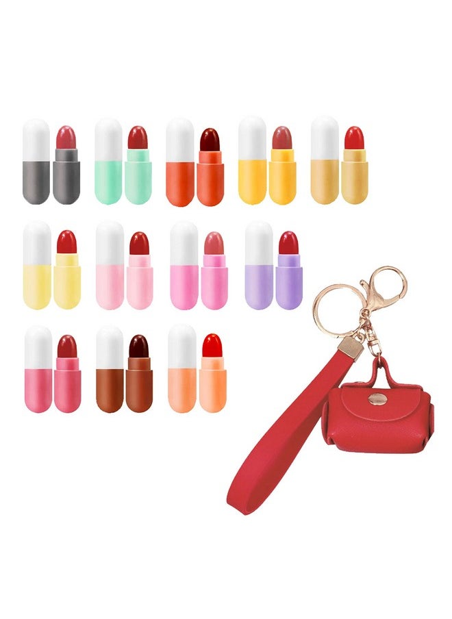 12 Pill Lipstick With 1 Cute Mini Red Leather Bag Key Chain Pouch Mini Lipstick Velvet Matte Smooth And Moisturizing Pill Lipsticks Long Lasting Portable And Charming Look All Day Long