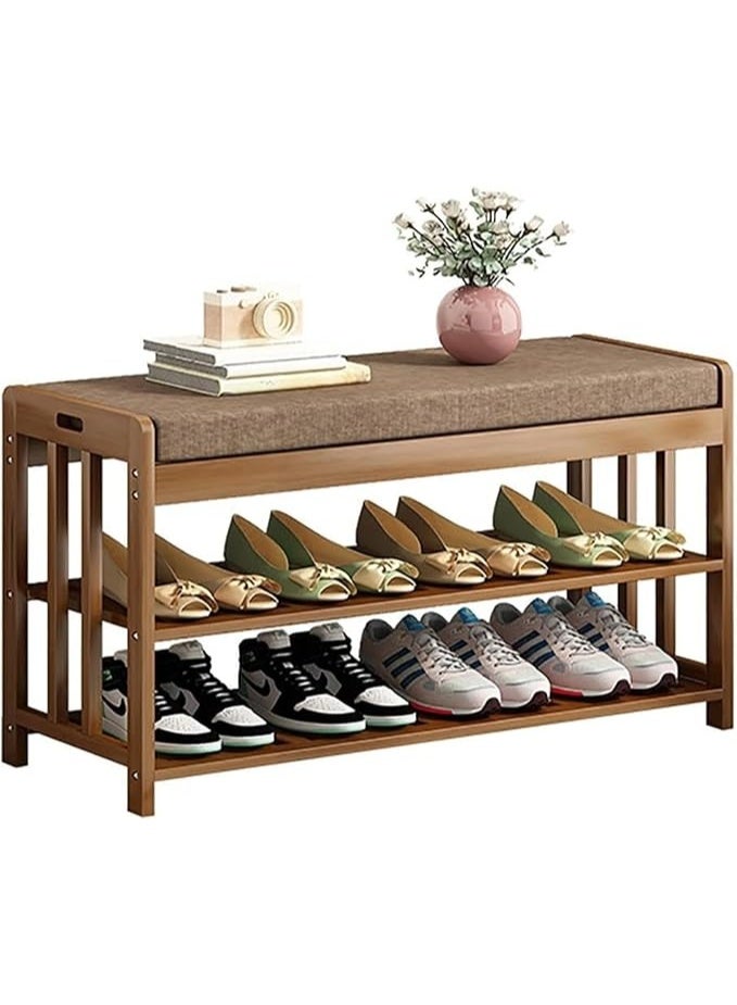 LINGWEI Wooden Shoe Rack With Bench Shoe Rack Bench Bamboo Free Standing Entryway Closed Shoes Organizer Multi Function Storage Shelf Brown 59x47.5x31cm - Image 3