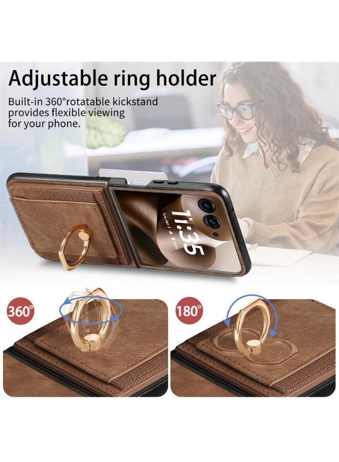 For Motorola Razr 60 Ultra Case, PU Leather Card Slot Holder Wallet Phone Case Ring Bracket Shockproof Cover Brown - Image 4