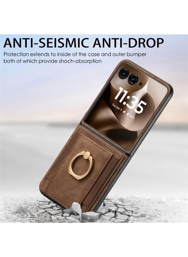 For Motorola Razr 60 Ultra Case, PU Leather Card Slot Holder Wallet Phone Case Ring Bracket Shockproof Cover Brown - Image 2
