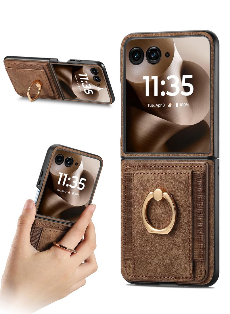 For Motorola Razr 60 Ultra Case, PU Leather Card Slot Holder Wallet Phone Case Ring Bracket Shockproof Cover Brown - Image 1
