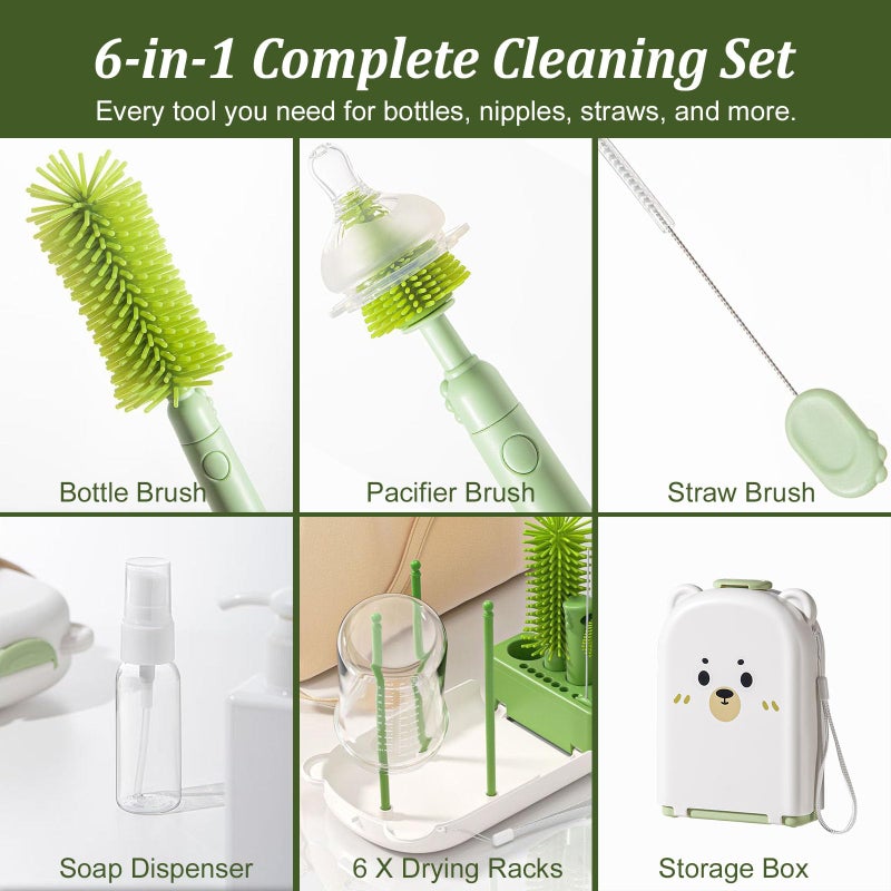 Detsuk Travel Baby Bottle Cleaner Kit with Storage Case â€“ 6-in-1 Compact Bottle Brush Set for Infant Feeding, Breast Pump Parts & On-The-Go Washing â€“ Baby Travel Essentials for Flying (Green) - Image 4