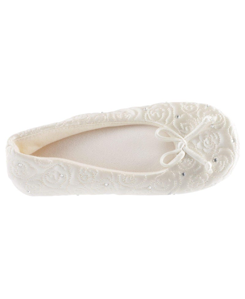 isotoner Womenâ€™s Rose Quilted Ballerina Slippers with Rhinestone Embellishment and Genuine Suede Sole , Ivory, 8 9 US - Image 4