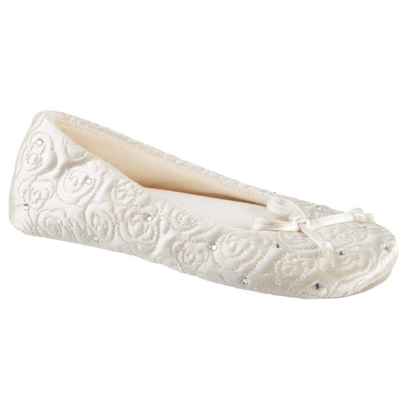 isotoner Womenâ€™s Rose Quilted Ballerina Slippers with Rhinestone Embellishment and Genuine Suede Sole , Ivory, 8 9 US - Image 1