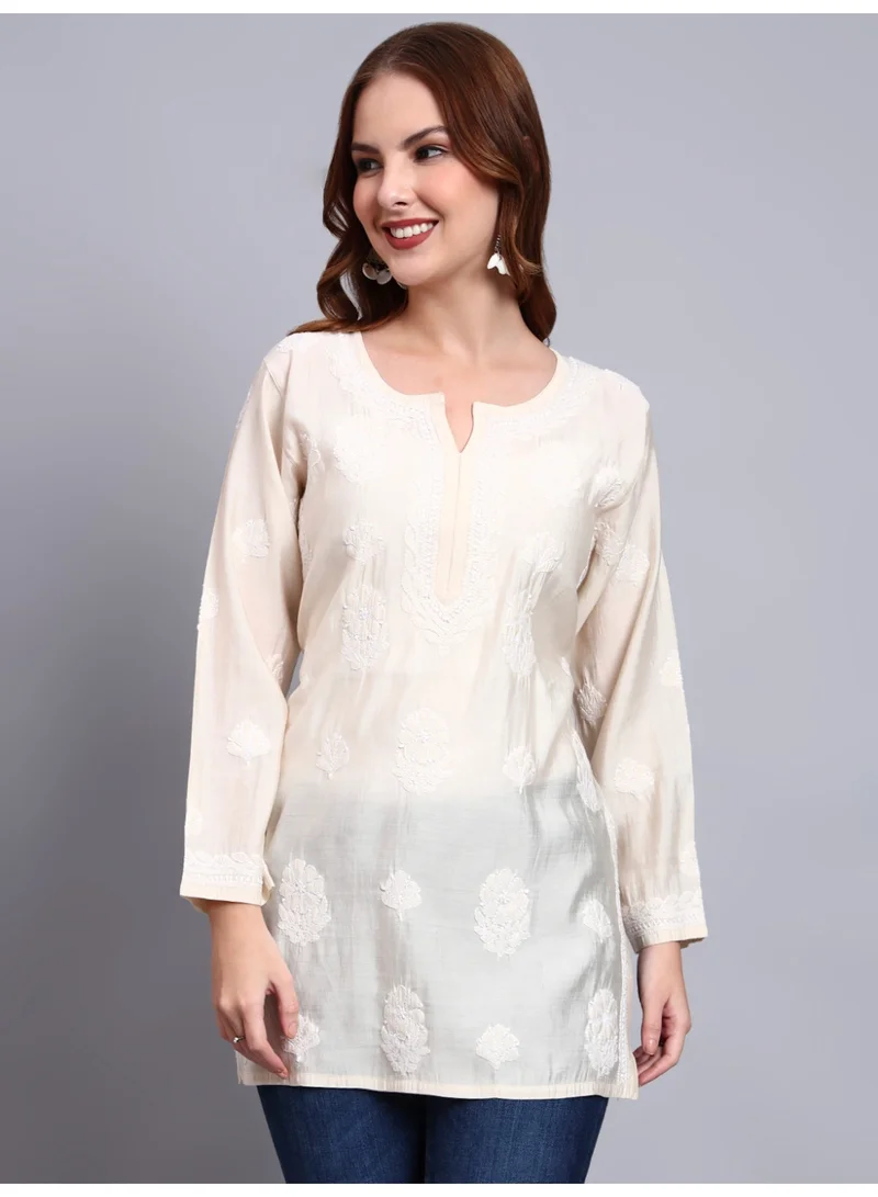 Alaya Beige Hand Embroidered Chikankari Chanderi Kurti-AL4090 for Women | Best Price UAE