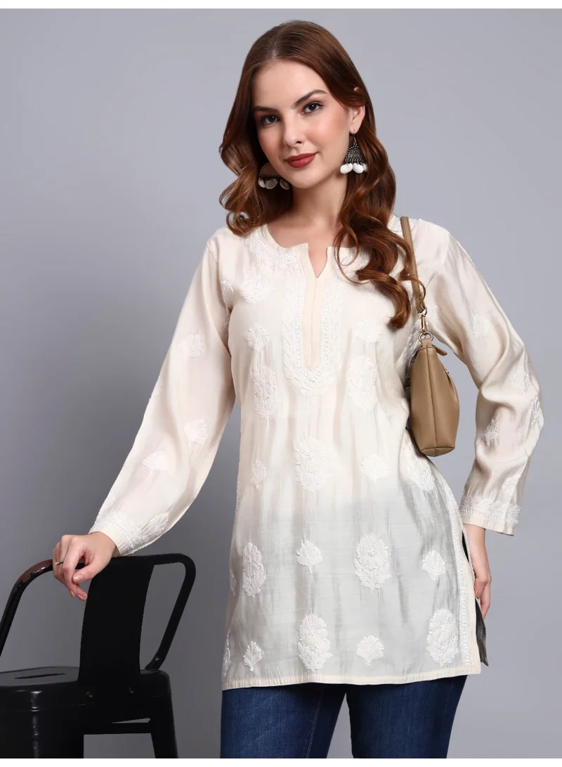 Alaya Beige Hand Embroidered Chikankari Chanderi Kurti-AL4090 for Women | Best Price UAE