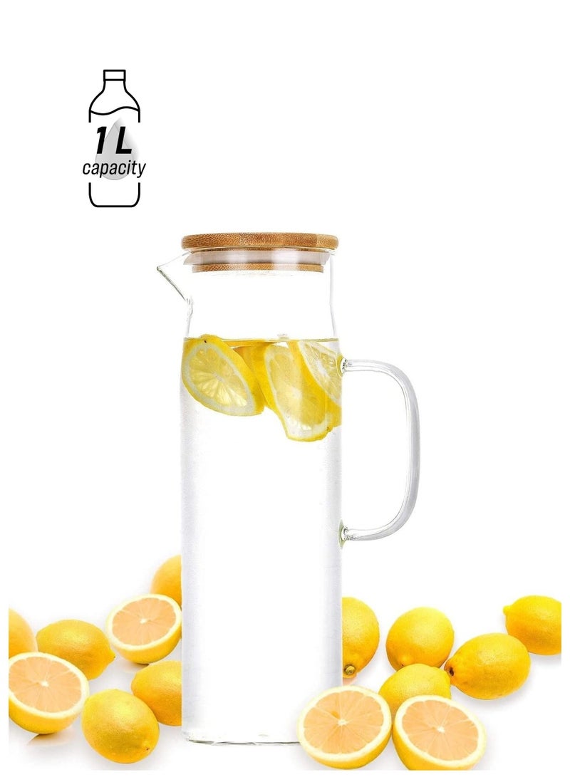 AUTOYSUR جركن زجاجي مع أكواب وعاء ماء مع أغطية من الخيزران (1000 مل) - Image 1