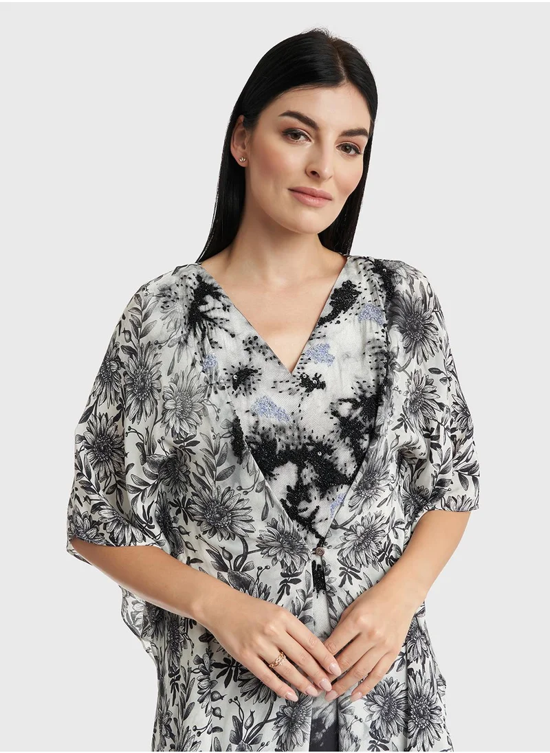 كشخة Viscose Monochrome Floral Print Poncho Dres
