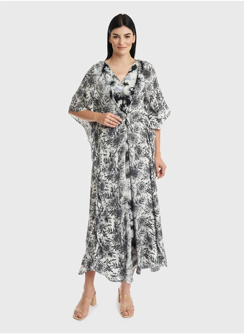 كشخة Viscose Monochrome Floral Print Poncho Dres