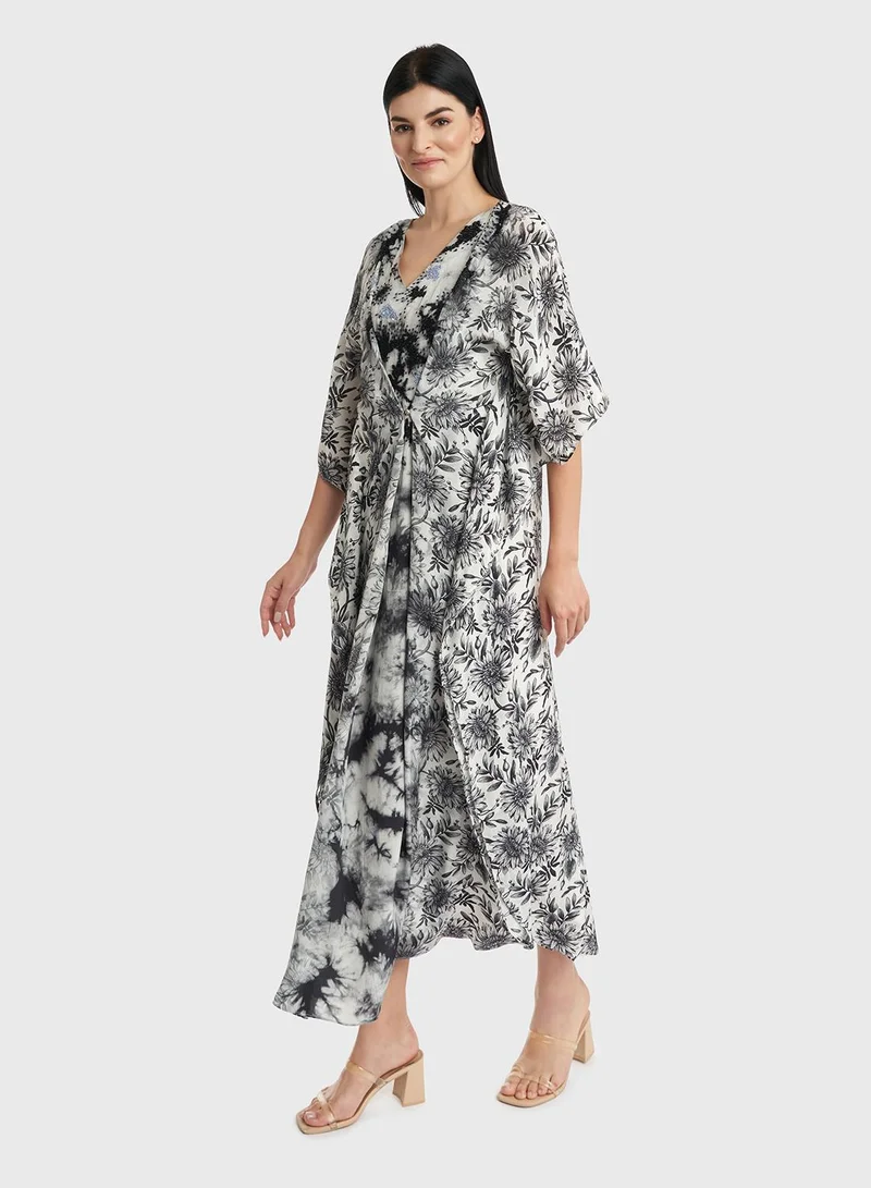 KASHKHA Viscose Monochrome Floral Print Poncho Dres