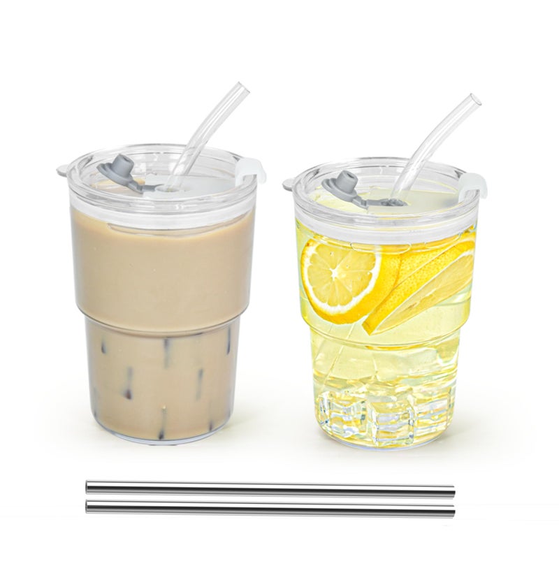 Icesip 15 oz Plastic Matcha Iced Coffee Cups with Lids and Straws Set of 2, Unbreakable Drinking Glasses Reusable Iced Coffee Glass to Go Cup for Tea Smoothie Juice Cup Dishwasher Safe - Image 1