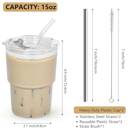 Icesip 15 oz Plastic Matcha Iced Coffee Cups with Lids and Straws Set of 2, Unbreakable Drinking Glasses Reusable Iced Coffee Glass to Go Cup for Tea Smoothie Juice Cup Dishwasher Safe - Image 2