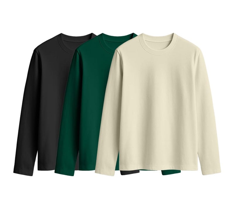 JUNEBERRY® Cotton Round Neck Regular Fit Plain Solid Full Sleeve T-Shirt Combo for Women (Pack of 3) (PO3_JB_FS_BK_SW_GR_S) - Image 1