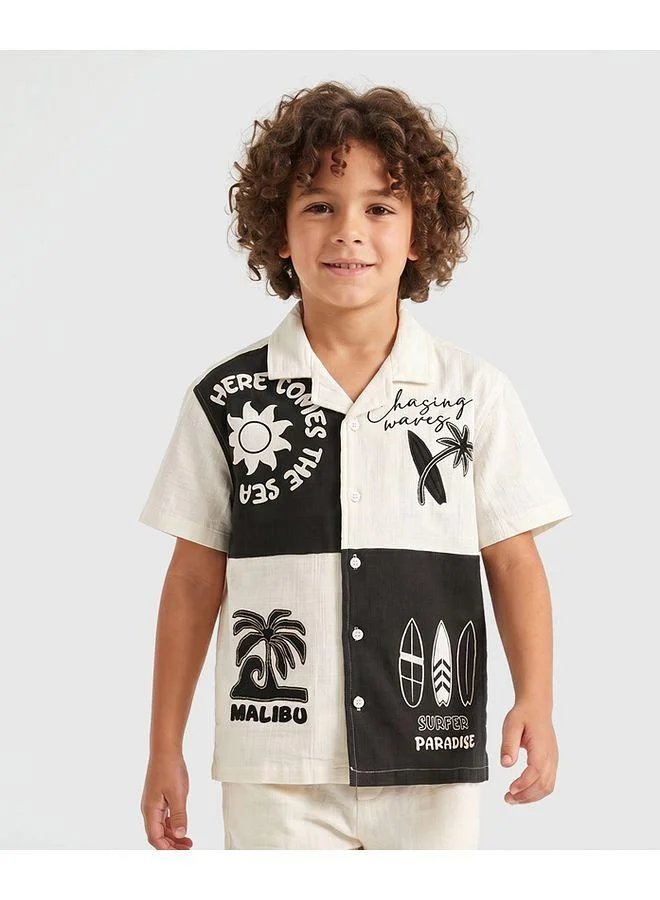 Primo Gino Primo Gino Woven 100% Cotton Slub Color Blocked Shirt With Print and Embroidery Details - Off White