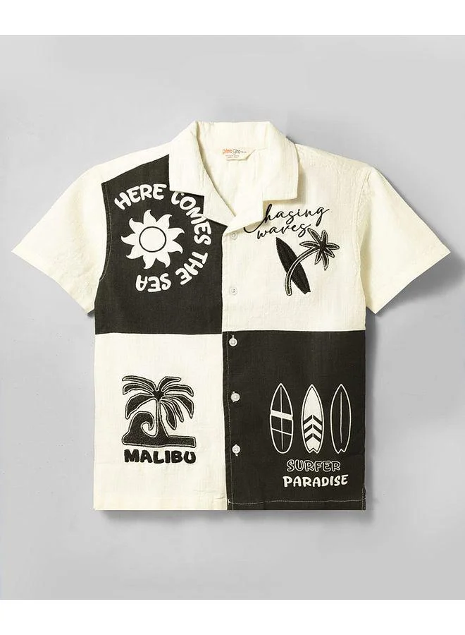 Primo Gino Primo Gino Woven 100% Cotton Slub Color Blocked Shirt With Print and Embroidery Details - Off White