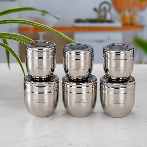 Sumeet Stainless Steel Conical Shape Canisters/Dabba/Storage Containers for Kitchen with See Through Lid, Set of 6 Pcs, (250ml-7cm Dia-3Pc & 400ml-8.5cm Dia-3Pc), Silver - Image 1