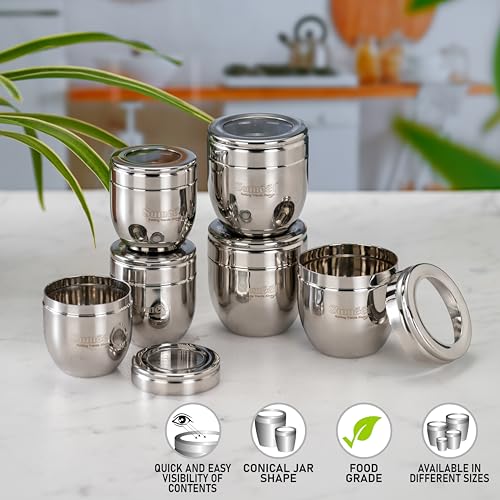 Sumeet Stainless Steel Conical Shape Canisters/Dabba/Storage Containers for Kitchen with See Through Lid, Set of 6 Pcs, (250ml-7cm Dia-3Pc & 400ml-8.5cm Dia-3Pc), Silver - Image 5