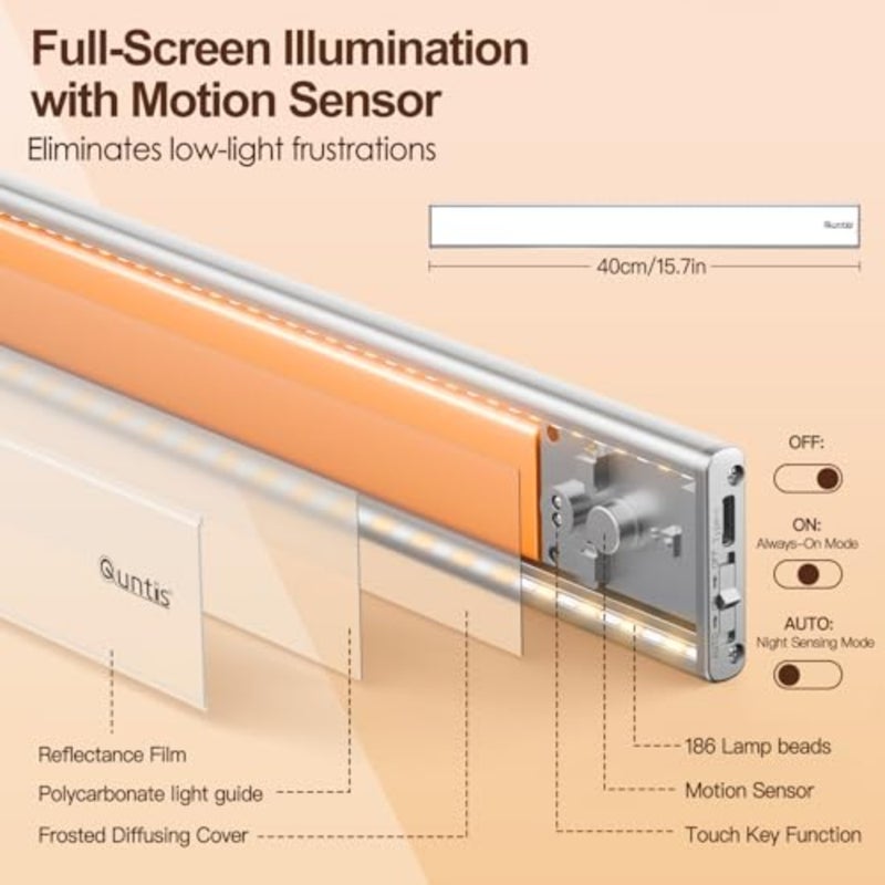 Under Cabinet Lighting for Kitchen, Wardrobe, Bedroom: 40cm LED Magnetic Motion Sensor Light, Rechargeable USB-C, 3 Color Modes, White/Black/Gray - Image 5