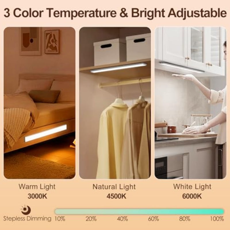 Under Cabinet Lighting for Kitchen, Wardrobe, Bedroom: 40cm LED Magnetic Motion Sensor Light, Rechargeable USB-C, 3 Color Modes, White/Black/Gray - Image 2