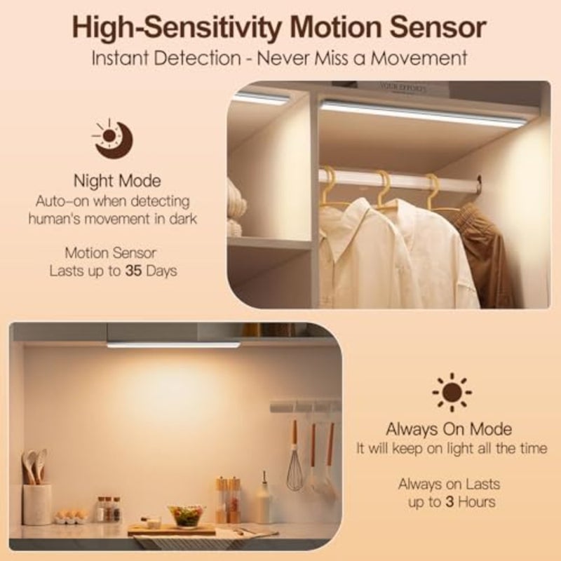 Under Cabinet Lighting for Kitchen, Wardrobe, Bedroom: 40cm LED Magnetic Motion Sensor Light, Rechargeable USB-C, 3 Color Modes, White/Black/Gray - Image 3