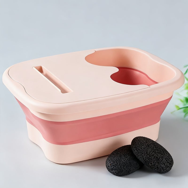 One Pink Foot Bath Basin And Pumice Stone Portable Soaking Tub Foldable Durable Foot Spa For Home Massage And Foot Care - Image 1