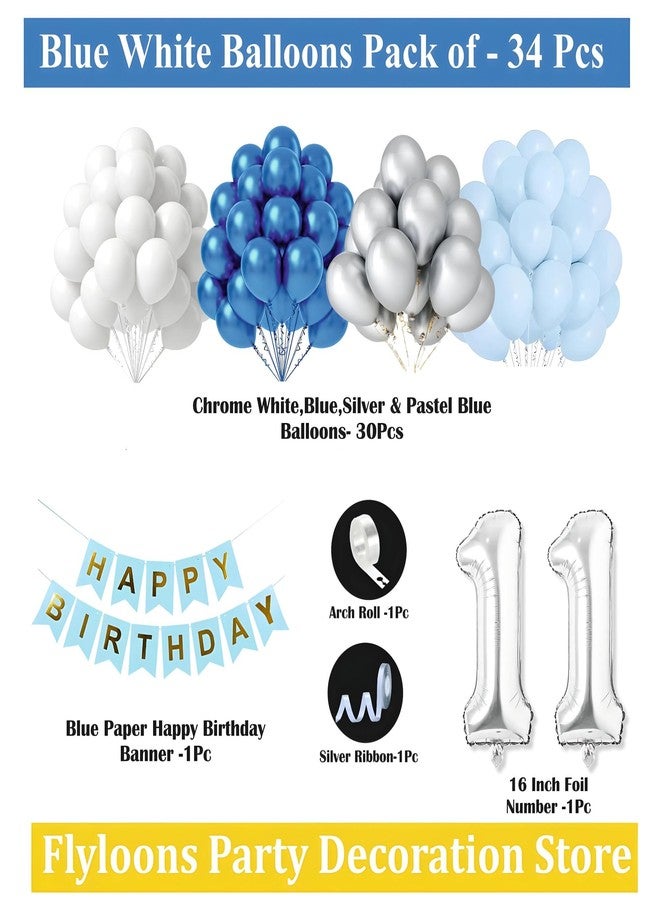 Flyloons 11th Birthday Decoration Items Blue and White Theme Combination for Boys Girls | 30 Pcs Blue White Silver Color Balloons | Blue Happy Birthday Paper Banner | Arch Tape - Image 2