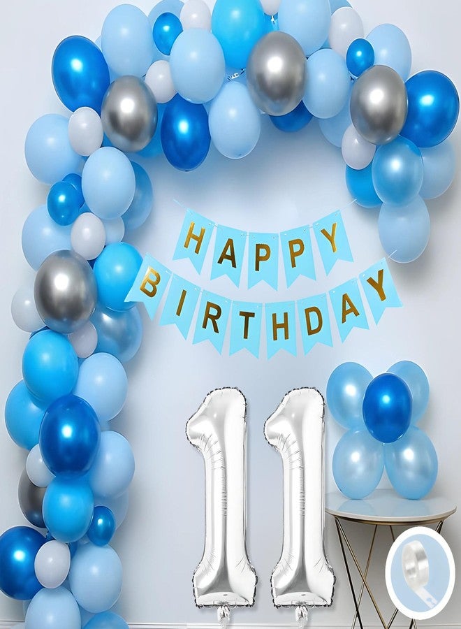 Flyloons 11th Birthday Decoration Items Blue and White Theme Combination for Boys Girls | 30 Pcs Blue White Silver Color Balloons | Blue Happy Birthday Paper Banner | Arch Tape - Image 1