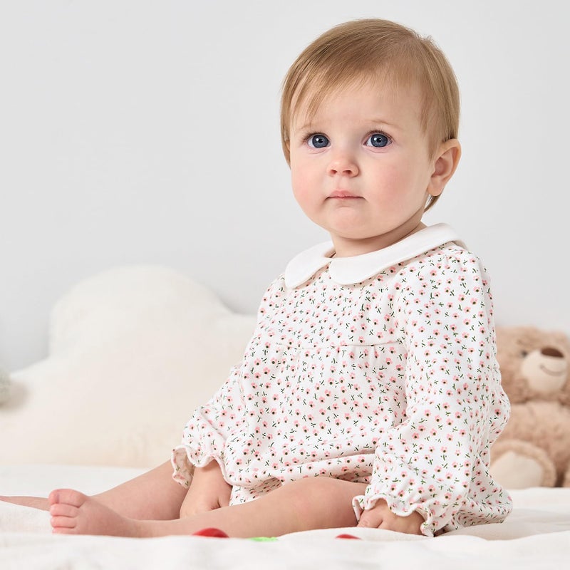 pureborn Baby Girls Bodysuit Peter Pan Collar Bubble Romper Long Sleeve One-Piece Cotton Outfit Pink Flower 18-24 Months - Image 3