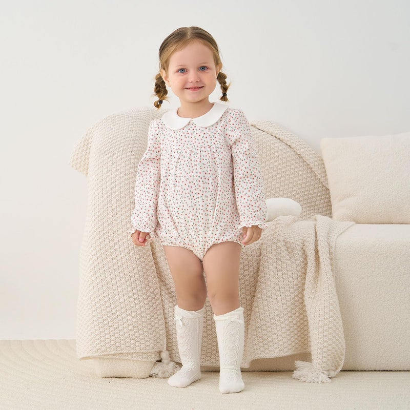 pureborn Baby Girls Bodysuit Peter Pan Collar Bubble Romper Long Sleeve One-Piece Cotton Outfit Pink Flower 18-24 Months - Image 2