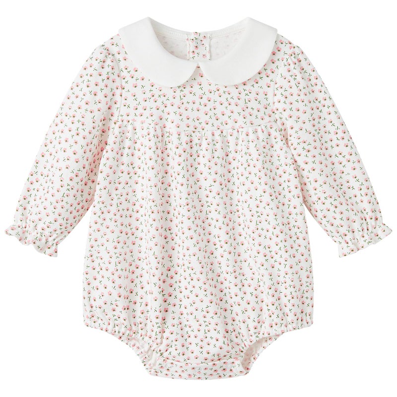 pureborn Baby Girls Bodysuit Peter Pan Collar Bubble Romper Long Sleeve One-Piece Cotton Outfit Pink Flower 18-24 Months - Image 1