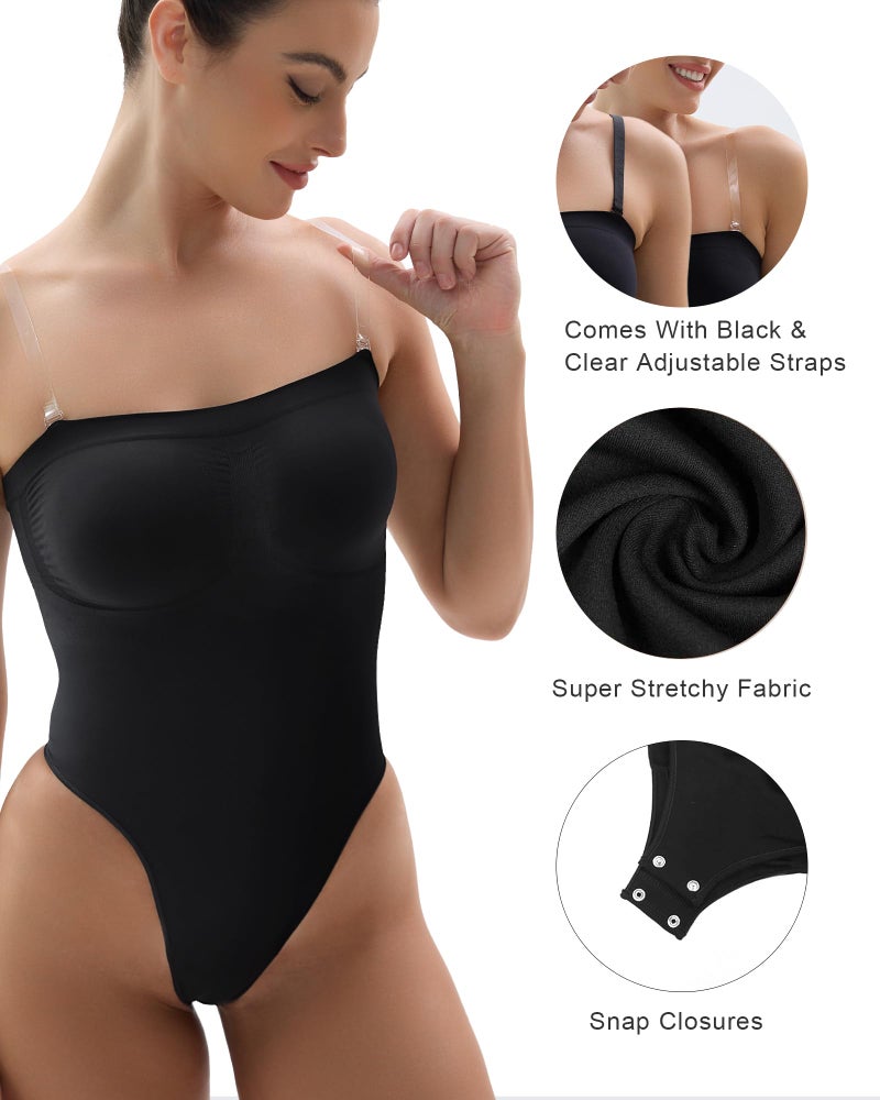 SHAPERX Strapless Bodysuit for Women Tummy Control Seamless Shapewear Thong Body Shaper with Invisible & Removable Straps,SZ5216-Black-XXS/XS - Image 4