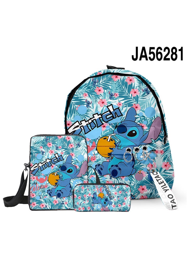 SKT Shiketro New Cartoon Stitch Backpack School bag Children's Lunch Bag Pencil Bag Three-Piece Set For Primary And Secondary School Students 29*35*12 cm