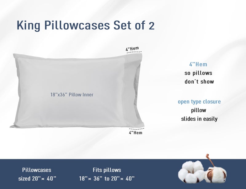 HOMTEC Cotton Pillow Cases King Size Set of 2  20 by 40 inches King Pillow Cases  Light Gray King Pillow Cases  King Pillowcases Cotton Percale Weave Pre-Shrunk Breathable and Hypoallergenic - Image 3