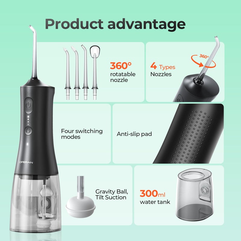 OPERAN Water Flossers for Teeth, Cordless Portable Water Flossers for Adults Braces, IPX7 Waterproof with 4 Modes, 4 Professional Nozzles, 300ml Tank & 21 Days Runtime for Travel, Black, 1Pack - Image 5