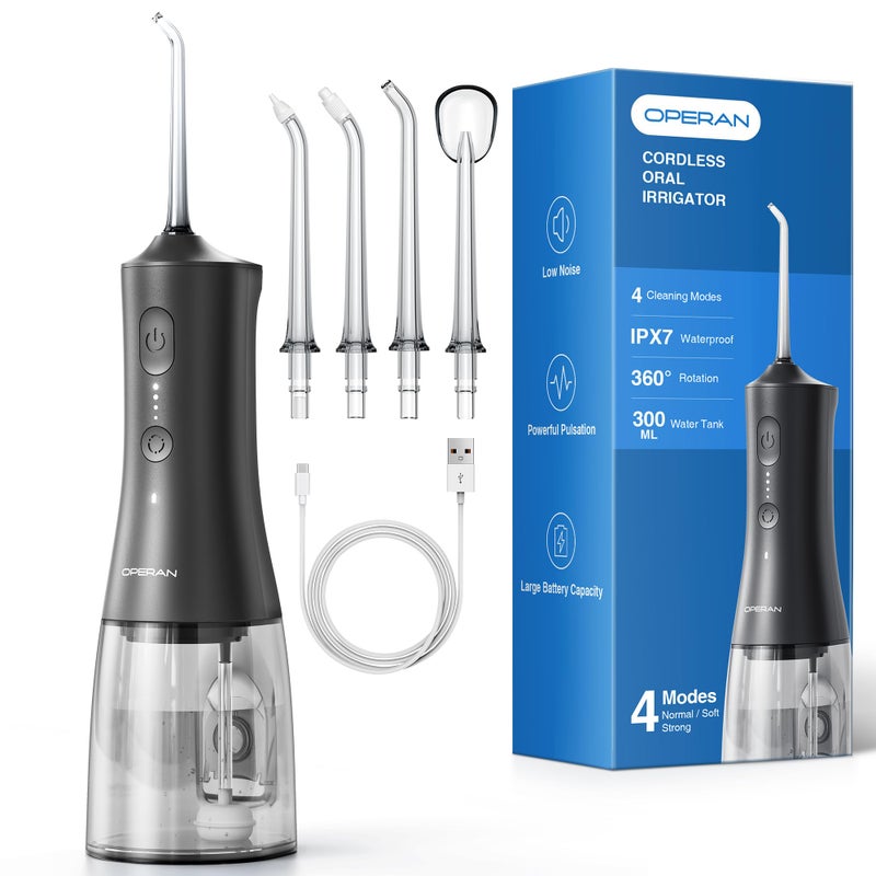 OPERAN Water Flossers for Teeth, Cordless Portable Water Flossers for Adults Braces, IPX7 Waterproof with 4 Modes, 4 Professional Nozzles, 300ml Tank & 21 Days Runtime for Travel, Black, 1Pack - Image 1
